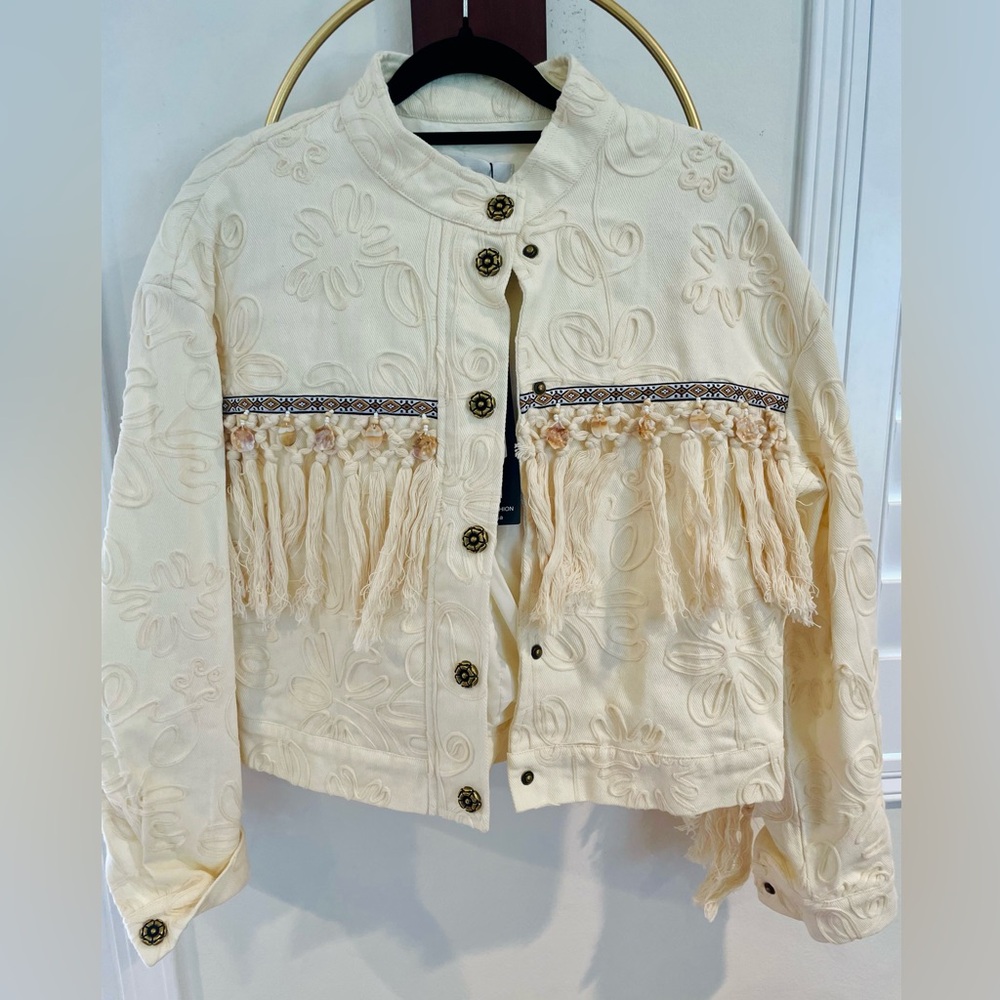 Cream Embroidered Fringe Jean Jacket - Women's